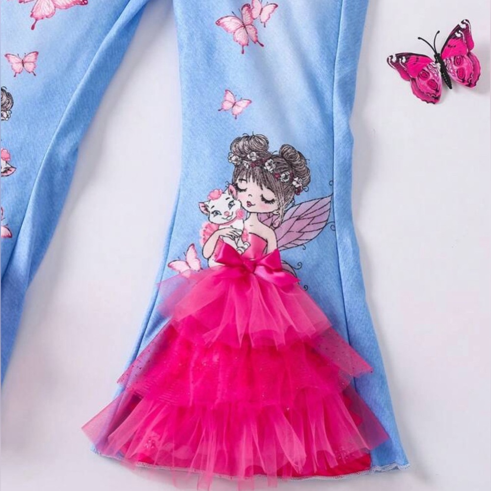 BNIB Young Girls Cartoon Girl Butterfly Print Bell Bottom Indigo Jeans Pants 6 Y - Picture 6 of 15